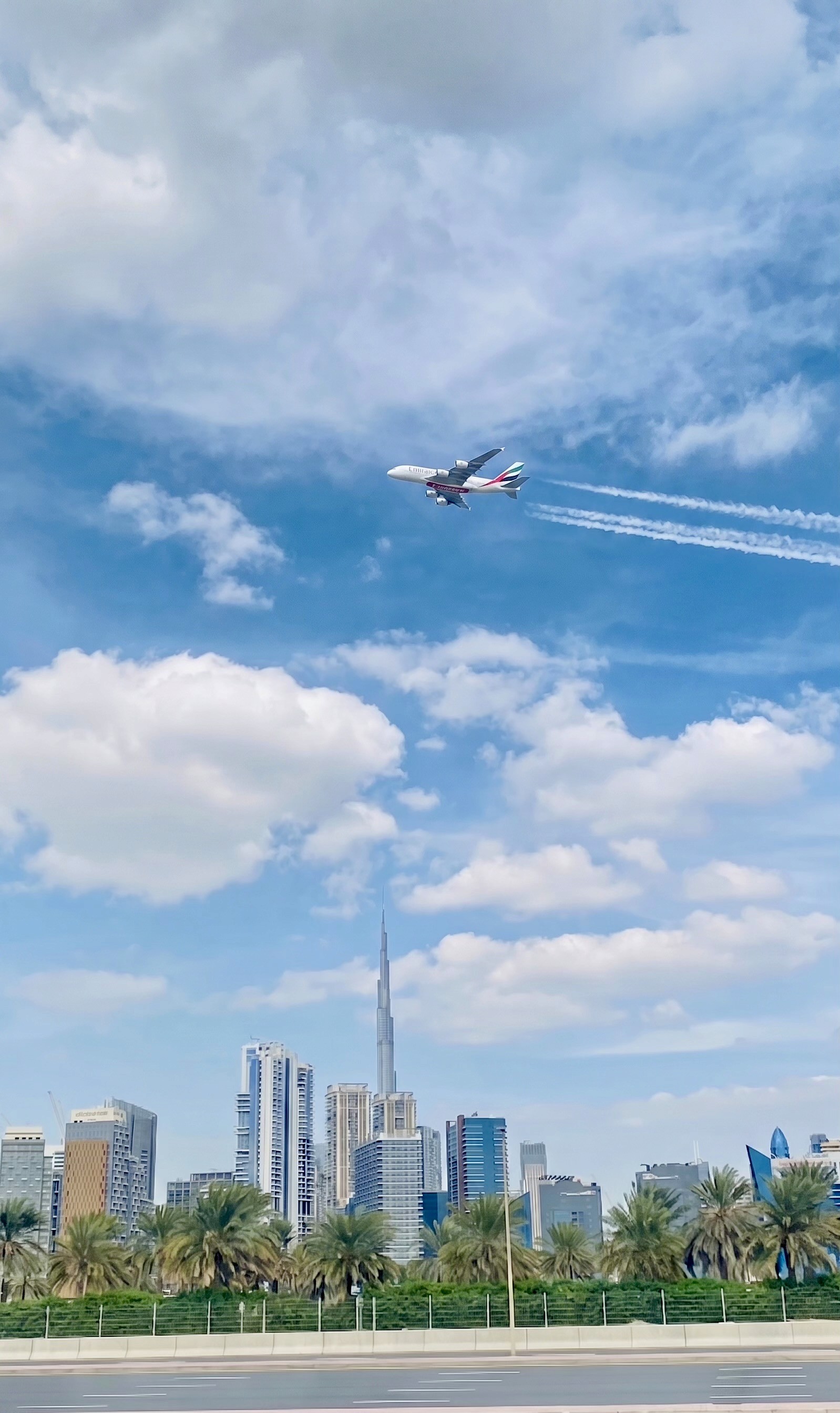 Skyline of Dubai with Emirates A380